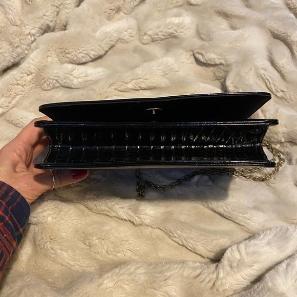 Vintage Bienen Davis Black Embossed Leather Handbag Chain Strap - Picture 6 of 11